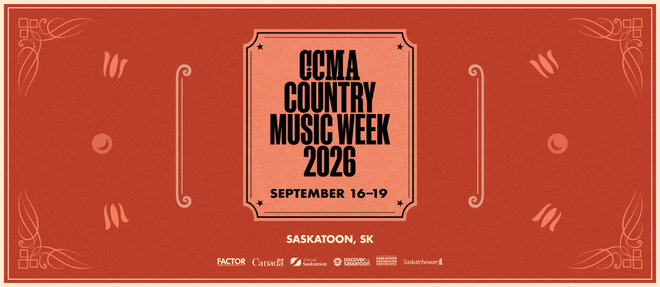 Poster for CCMA Country Music Week 2026 in Saskatoon, September 16–19, with a decorative red border and peach center panel.